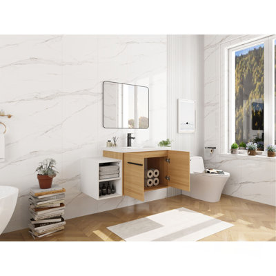 Meuble-lavabo mural 54 po avec lavabo de comptoir en résine et 2 tablettes de rangement, 2 portes à fermeture douce (KD-Packing)