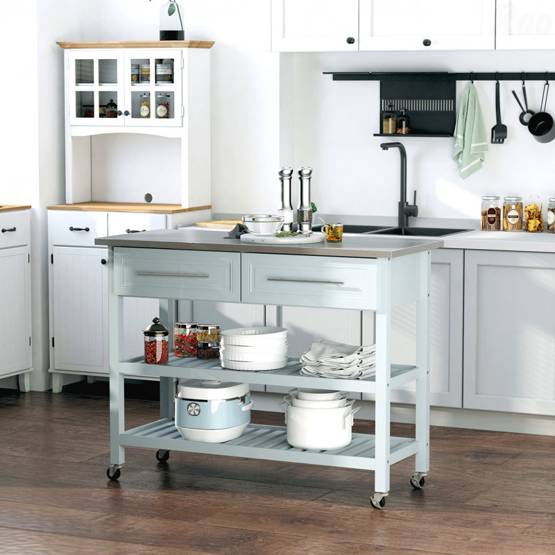 Kitchen Island With Stainless Steel Top, Traditional Kitchen Island With Storage, 2-Tier Open Shelves, Drawers, Light Gray