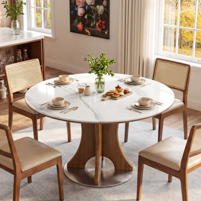 47" Round Sintered Stone Dining Table with Solid Wood Base, Circle Dinner Table Modern Kitchen Table for 4