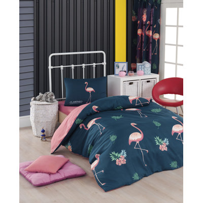 Ensemble de housse de couette en mélange de coton bleu foncé / rose / vert Felina