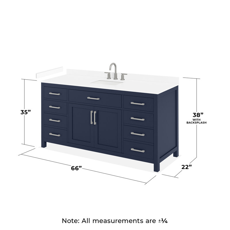 Ensemble de meuble-lavabo simple 66 po Beckett, Dark Blue with Brushed Nickel Trim, Comptoir en marbre de culture blanc