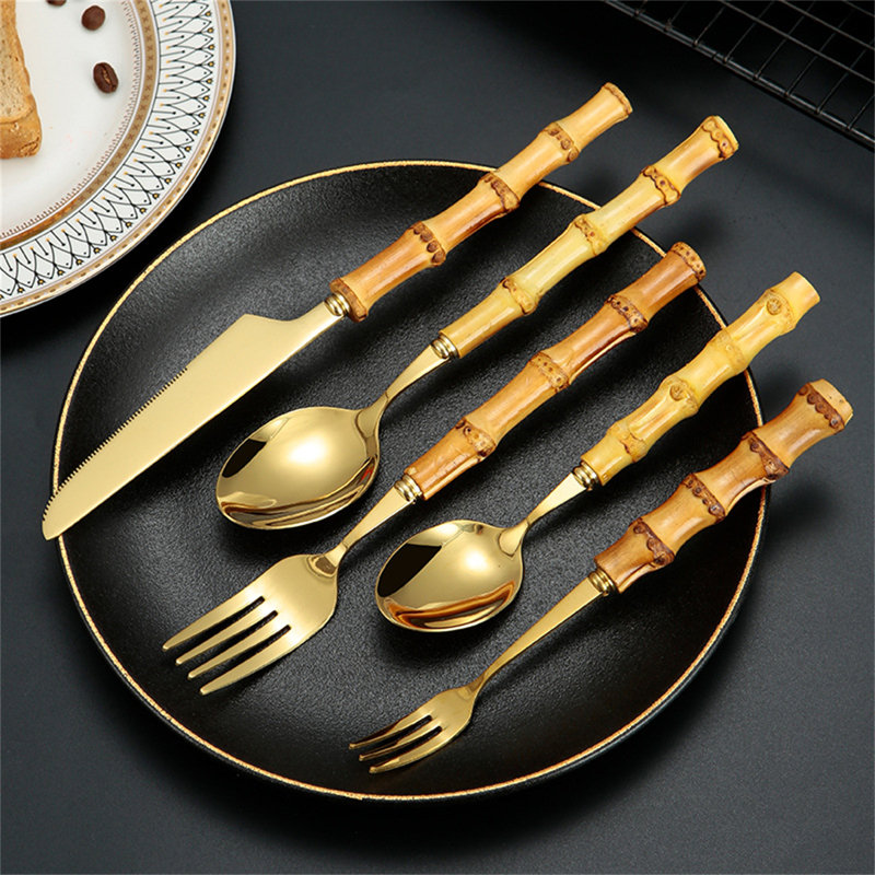 Ensemble 20 pièces de couverts en acier inoxydable avec poignées en bambou naturel - fourchettes à salade, couteaux à steak, cuillères à café