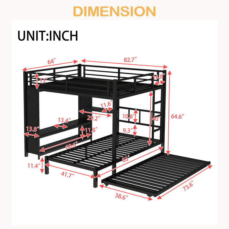 Lit superposé avec garde-robe intégré, lit superposé en métal avec lit gigogne, bureau pliable, échelles, conception à réduction de bruit