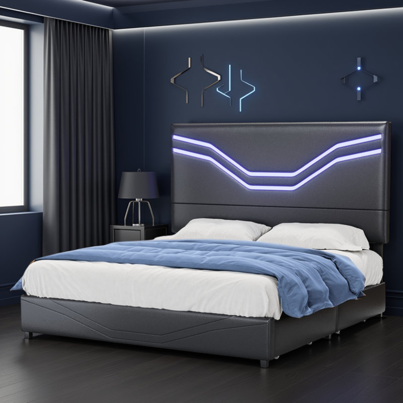 Lit plateforme avec rangement et tête de lit réglable et lumières DEL, Lit simple