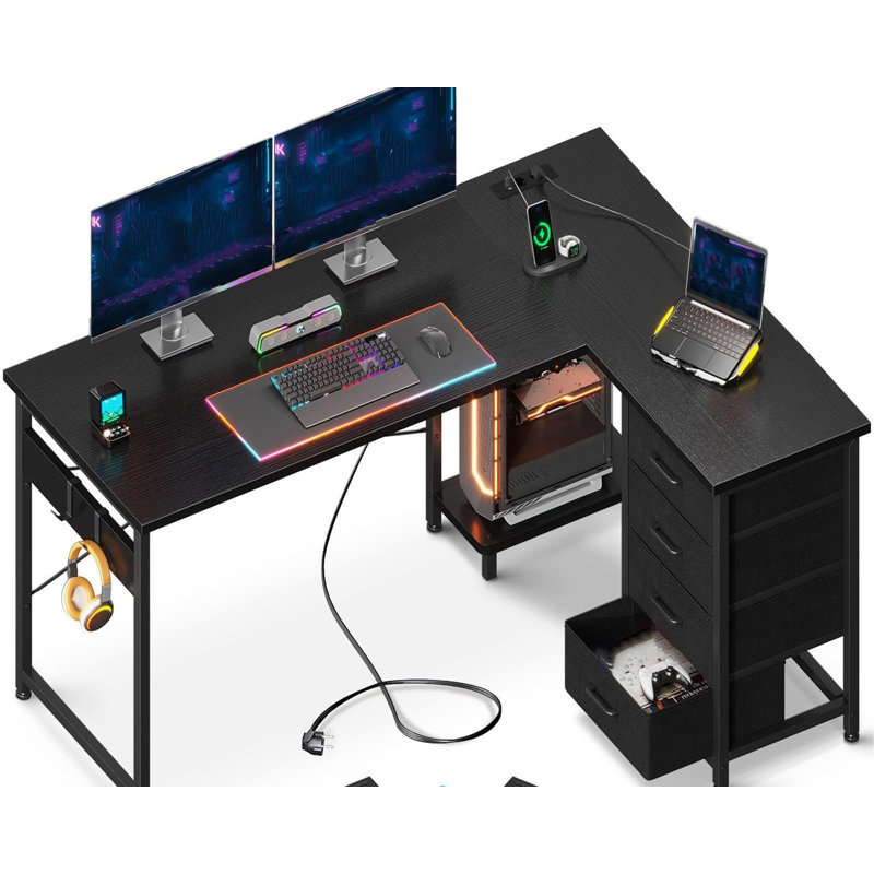 Brenice L-Shaped Steel Desk with Built-In Electrical Outlet, Black