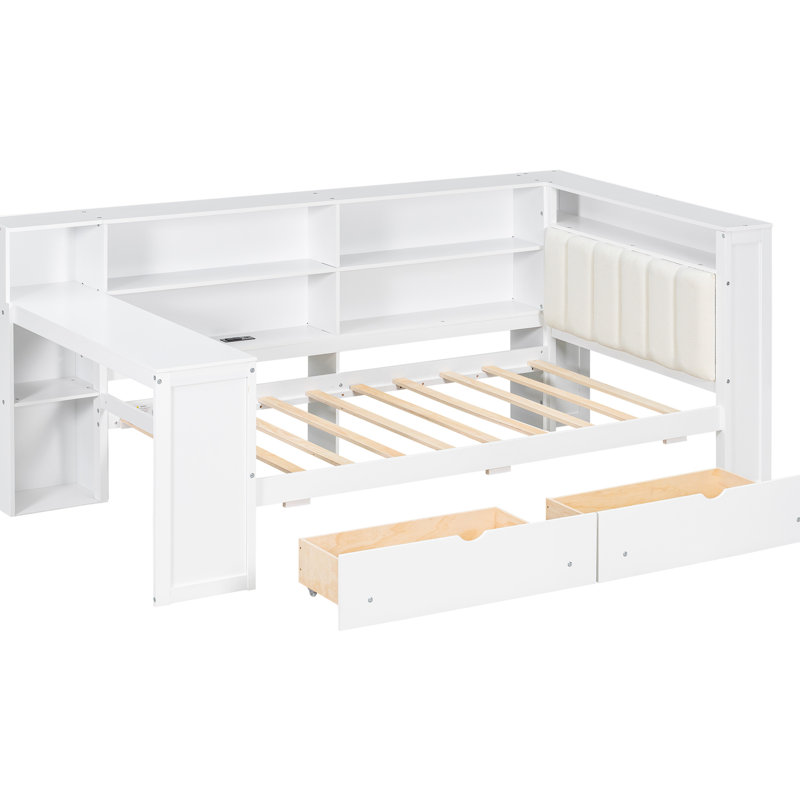 Lit plateforme simple en bois avec tête de lit tapissier, rangement spacieux, fonction de charge, DEL à 7 couleurs, bureau et tête confortable avec coussin blanc et beige, tablettes de rangement, tiroirs, charge, construction à DEL