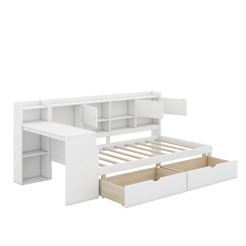 Lit de jour simple avec armoires et tiroirs de rangement, Blanc