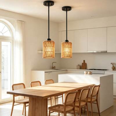Rattan Pendant Light with Linen Shade, Boho Hanging Fixture for Kitchen Island Dining Room Farmhouse Bedroom, Adjustable Height Sloped Ceiling Compatible, 2 Pack