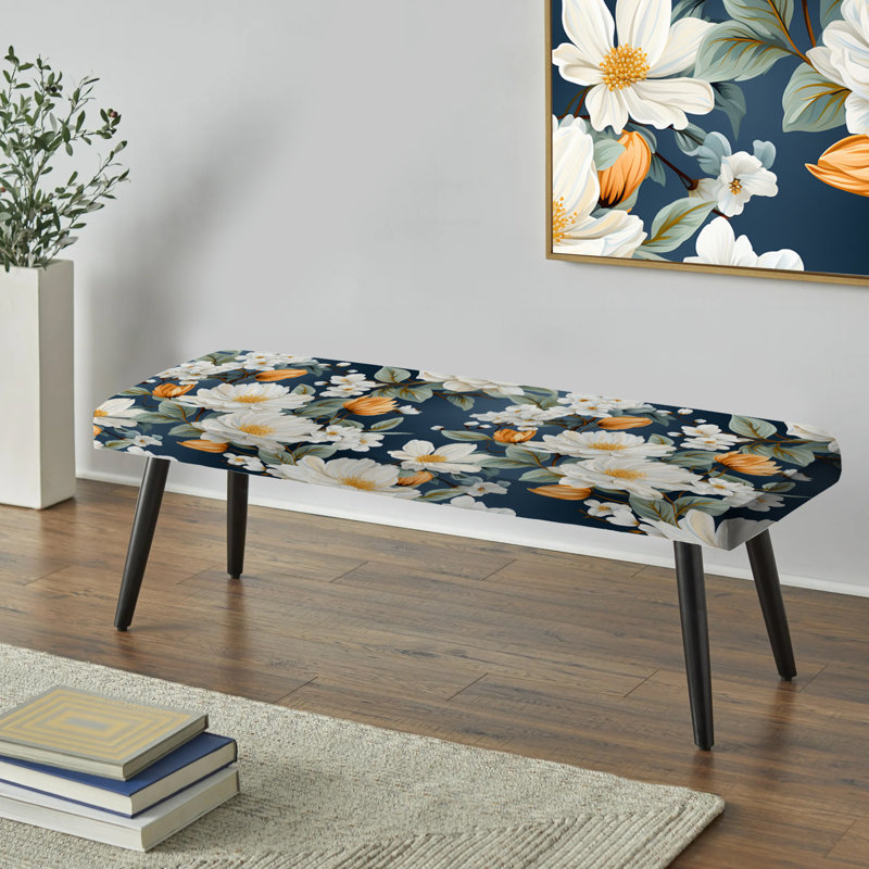 Banc rembourré floral noir Truong, Motif floral blanc et bleu campagnard