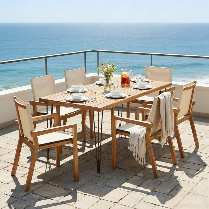 Ensemble de salle à manger d'extérieur en bois 7 pièces avec 6 chaises et 1 grande table, Beige