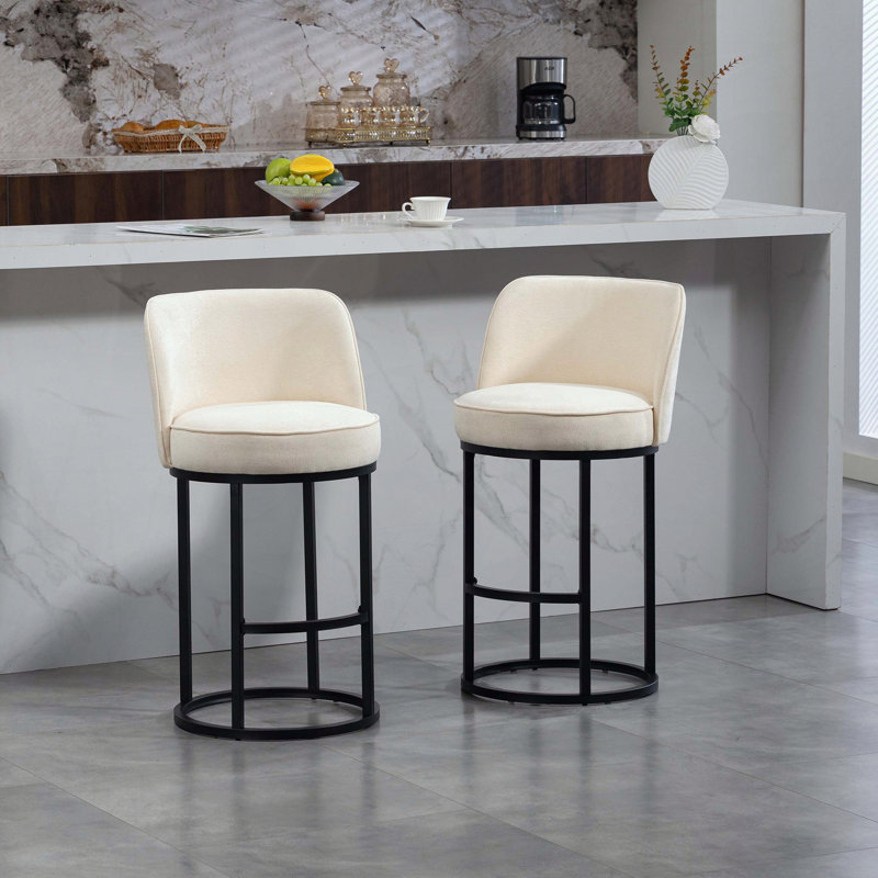 Ensemble de 2 tabourets de bar à hauteur de comptoir - motif tonneau - tissu de lin - pieds, Beige