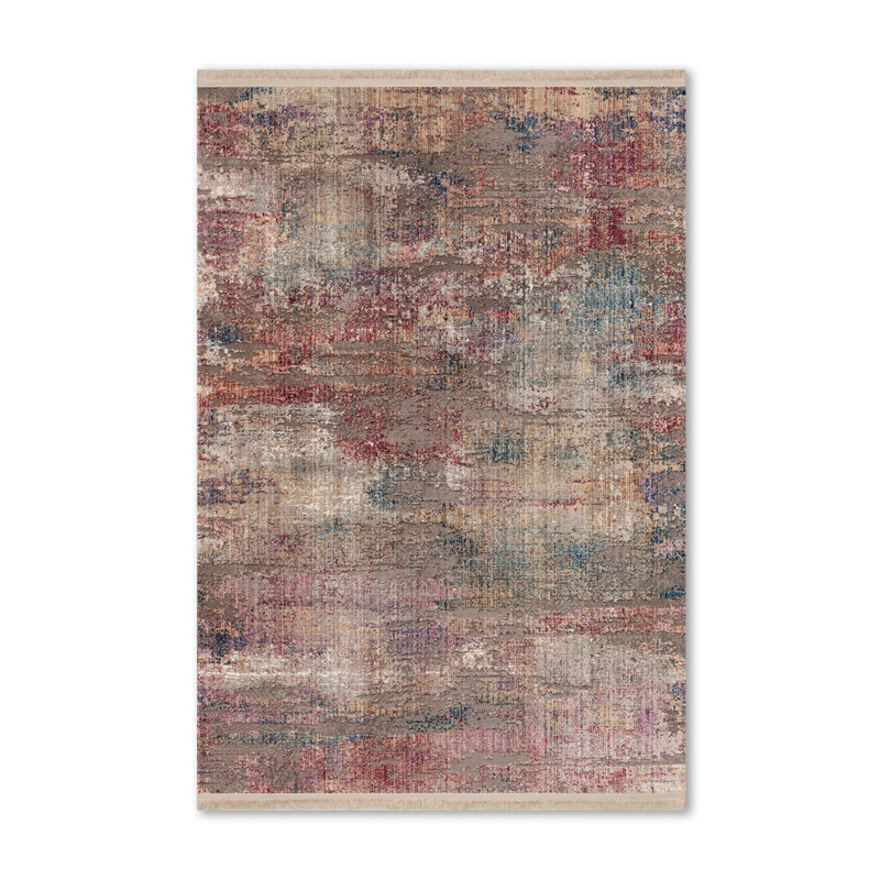 Tapis intérieur / extérieur rose / gris en polypropylène tissé à la machine Vanio, Rectangle 5 pi 1 po x 7 pi 10 po