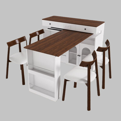 47" Extendable & Rotating Table + 4 Solid-Wood Queen-Anne Chairs, 4 Divided Drawers, Glass Display Cabinet, Built-In Dual Outlet, Compact 4-Seat Dining Station