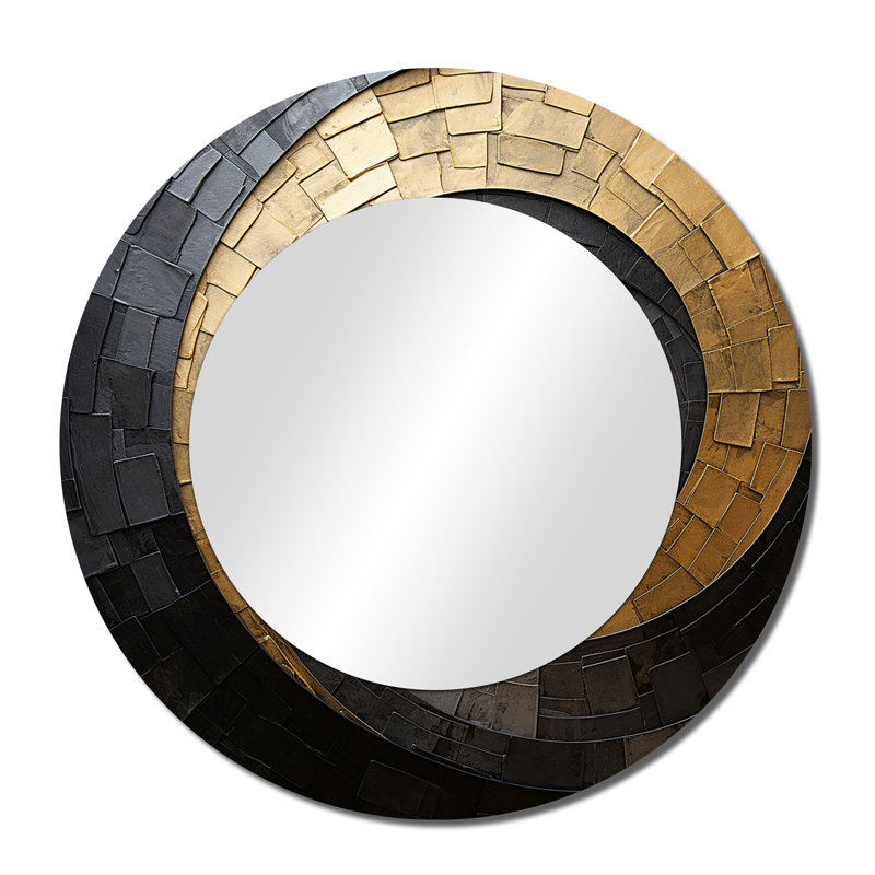Gold Black Minimalism Spiral Poteries - Abstract Spirals Wall Mirror, Gold Round Decorative Mirror, Printed Metal Art