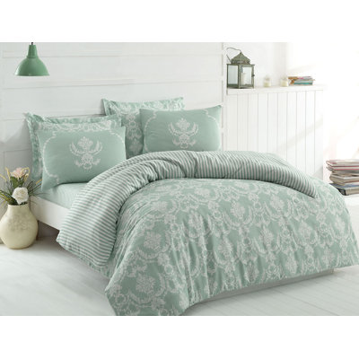 Super King Quilt Cover Set, Sea Green & White, 102.4 x 86.6 Inches | 65% Cotton / 35% Polyester, 120 Thread Count | Machine Washable, Button Closure Duvet & Envelope Pillowcases (2 Pieces) | Elegant Bedding Set