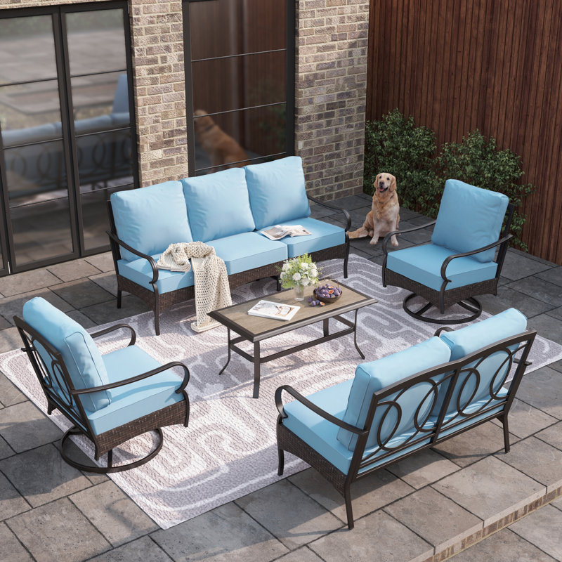 Ensemble de conversation pour l'extérieur 9 personnes avec causeuse et fauteuils pivotants, Light Blue
