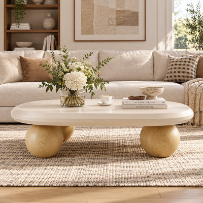 51.2" Irregular Oval Coffee Table with Spherical Ball Legs, Modern Cream Coffee Table with Wood Veneer & Glossy Finish for Living Room