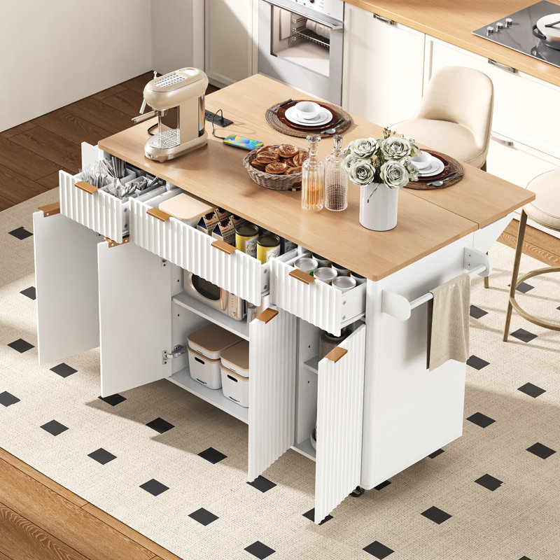 55.5" Fluted Storage Kitchen Island With Drop Leaf And Power Outlet And 3 Drawers, White