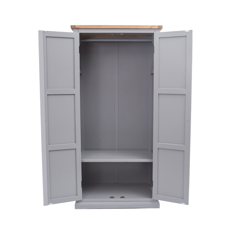 Leonidas 2 Door Solid + Manufactured Wood Wardrobe, Grey/Oak/Antique Brass