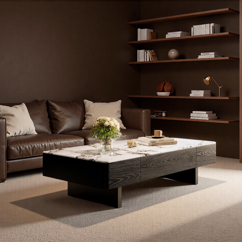 Table basse luxueuse en pierre micro-cristalline, H 13,8 po x L 51,2 po x l 27,6 po, Blanc
