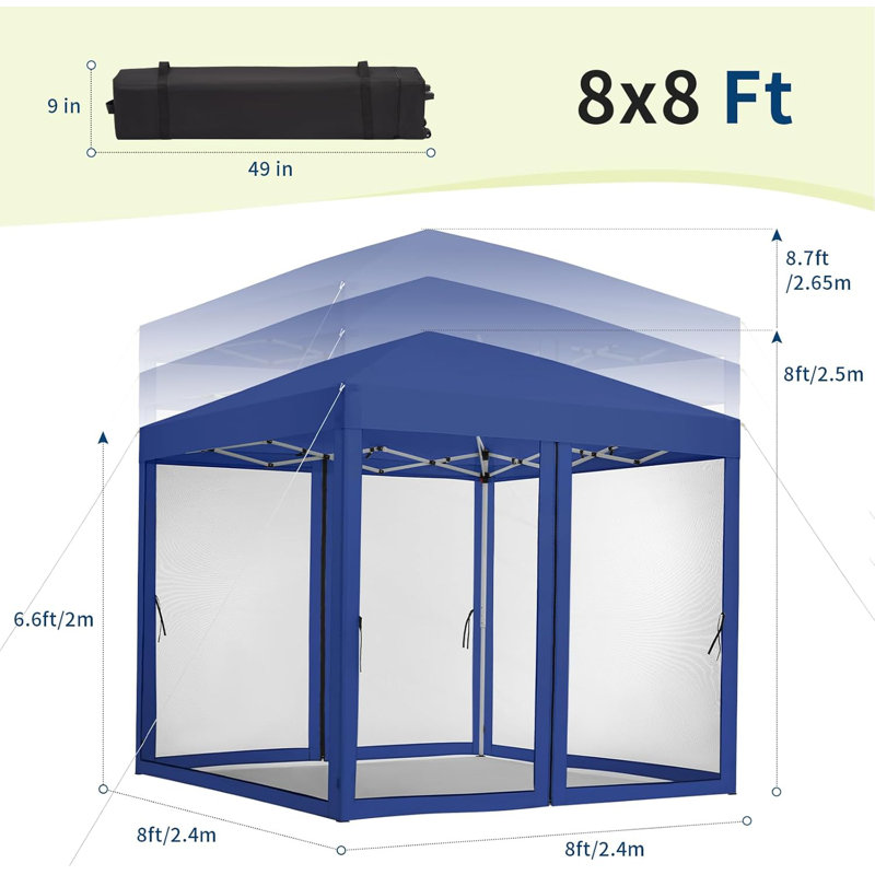 Auvent instantané avec moustiquaire amovible, 2 portes à fermeture à glissière, Bleu, H 96 po x l 96 po x P 96 po