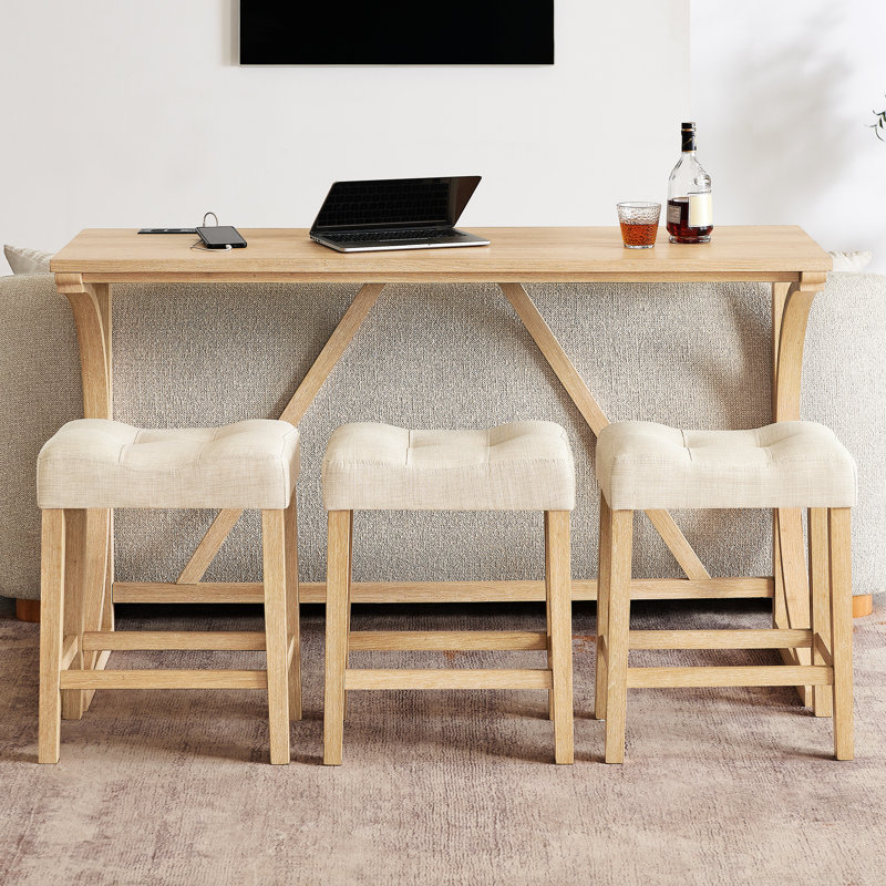 Table avec centre de charge et 3 tabourets ergonomiques, 4 pièces pour la cuisine de salon - Chaleur, Structure stable, Chaises revêtues de lin de bar 59 pouces, Anti-éclaboussures, Facile à nettoyer