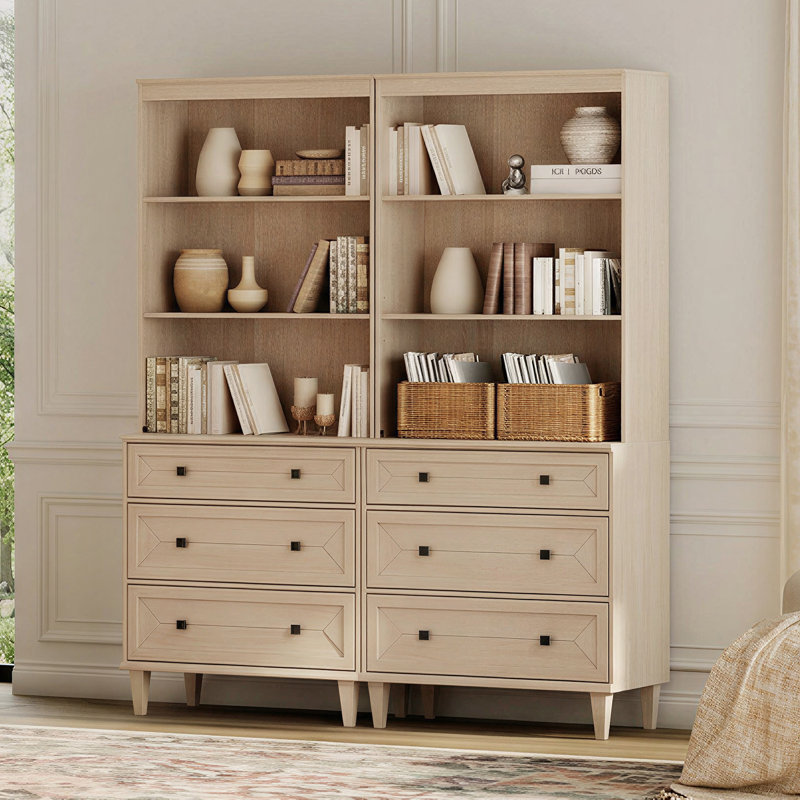 Bibliothèque faite à la main de 63 po de large avec tiroirs, beige, Beige