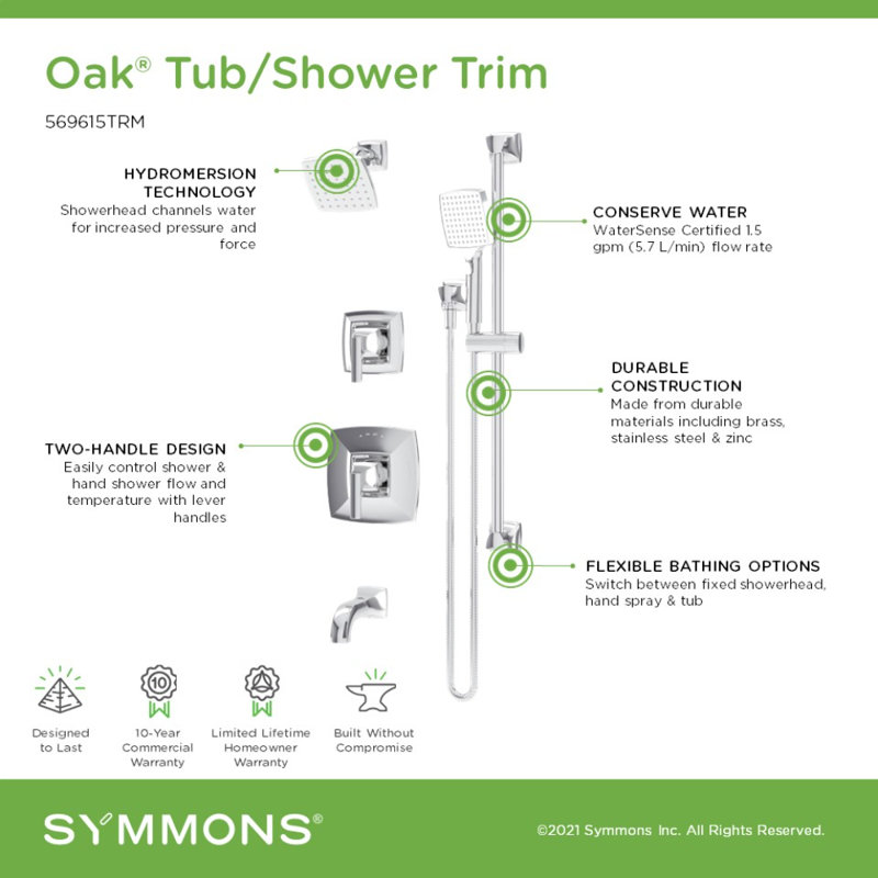 Garniture de baignoire et douche en chêne avec douchette Oak HydroMersion, Chrome poli