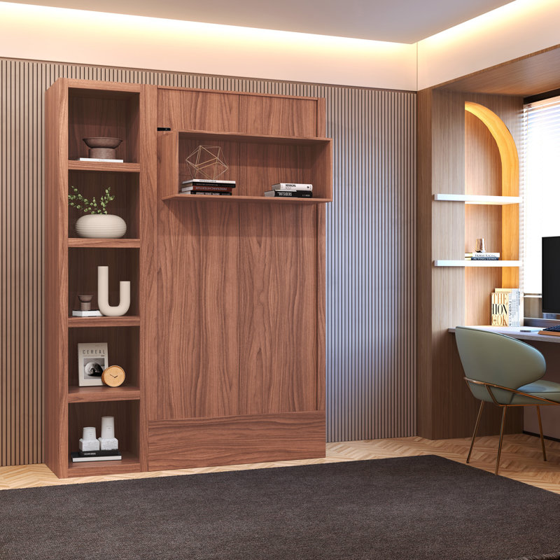 Lit escamotable avec bibliothèque Easy-Lift, Brun, Lit simple