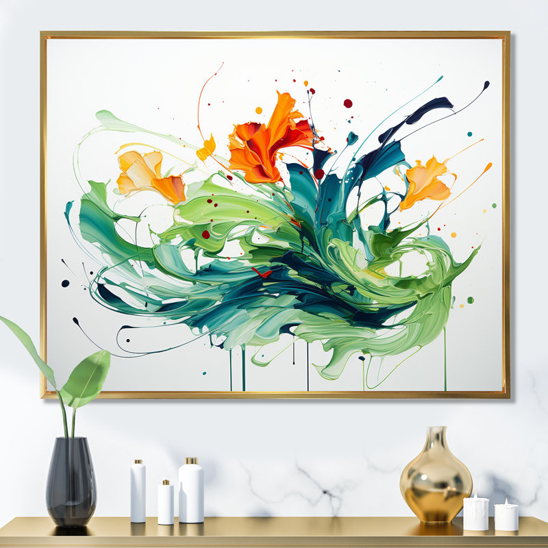 «Green and White Abstract Expression», peinture d'art abstrait IV, Cadre flottant doré, H 16 po x l 32 po x P 1 po