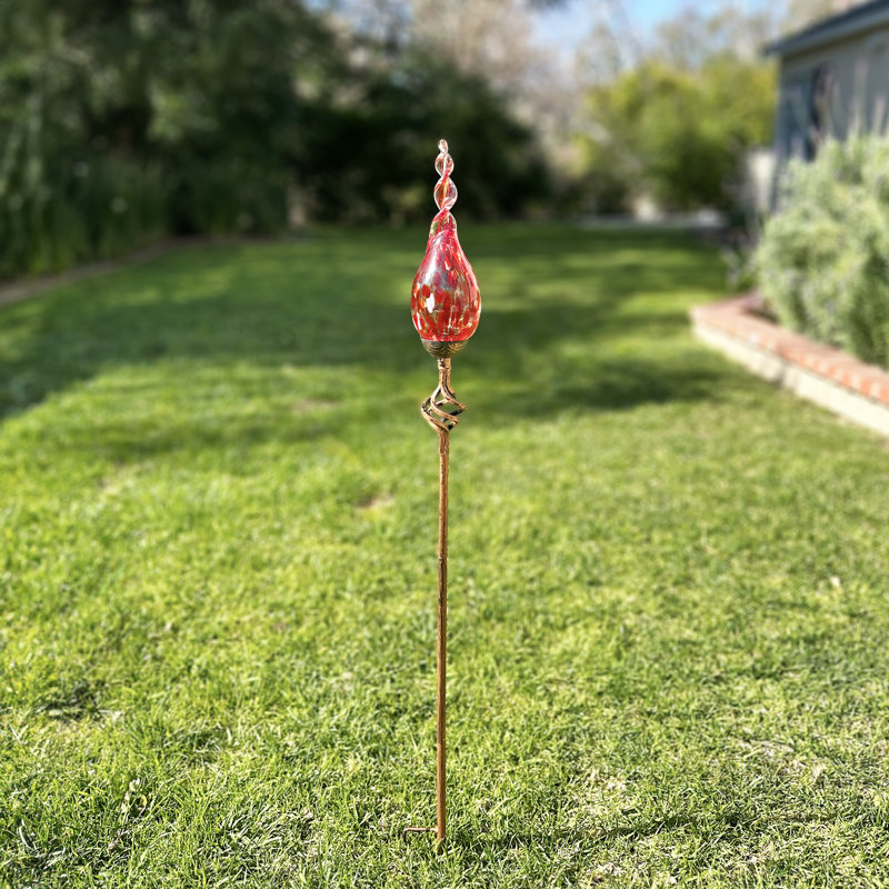 Exhart Solar Pearlized Hand Blown Glass Twisted Flame Garden Stake with Metal Finial Detail, 36 Inch