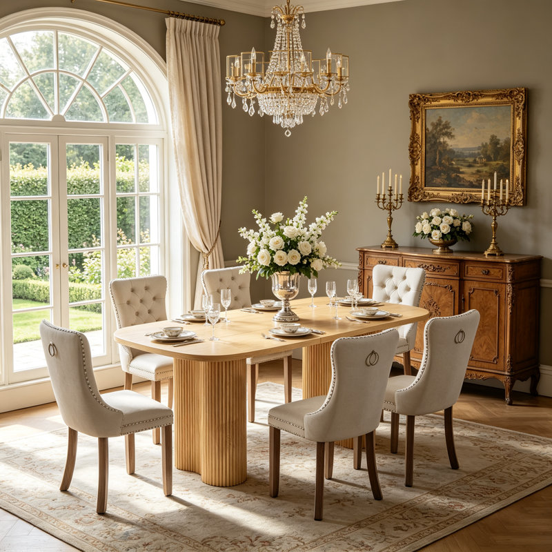 Ensemble de salle à manger ovale extensible 7 pièces pour 6 personnes, table de cuisine de style campagnard de 63" à 95" avec base incurvée cannelée et 6 chaises capitonnées en velours