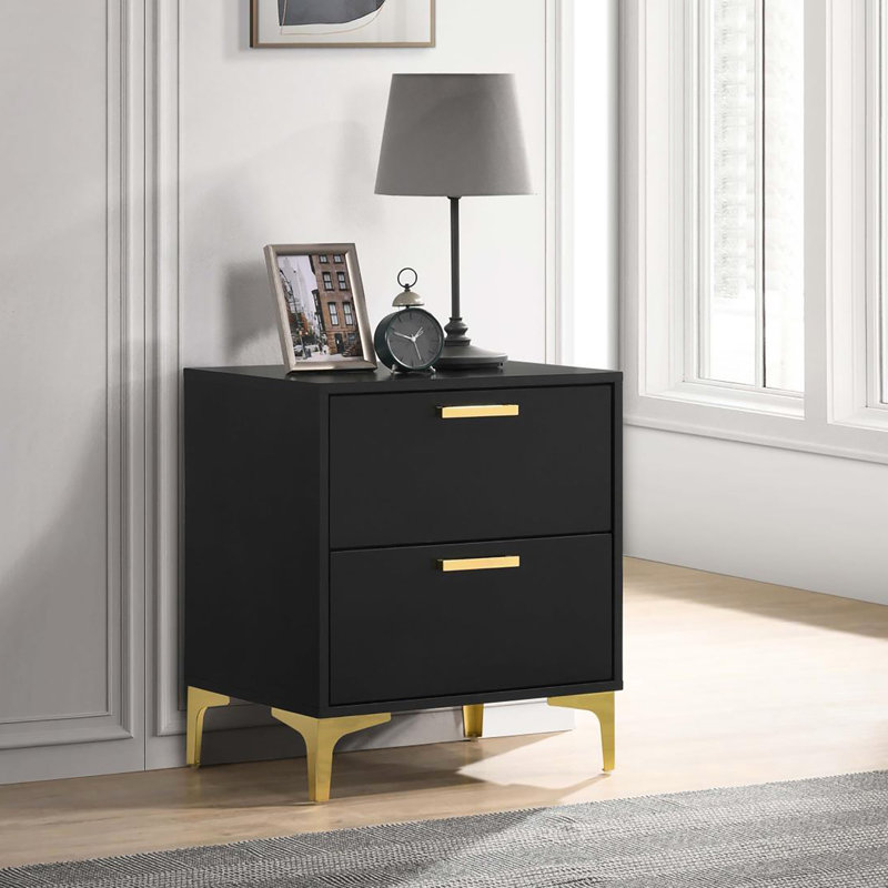 Table de chevet élégante pour chambre à coucher en noir et or - Rangement pratique à 2 tiroirs moderne pour l'élégance, Black