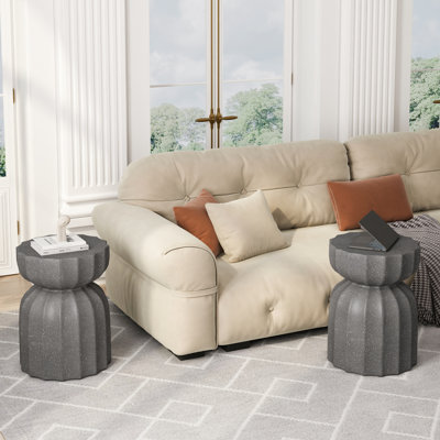 2pc Grey Cement 13" Waterproof Coffee Table And Side , For Living Room Backyard, High Durability Patio Garden,