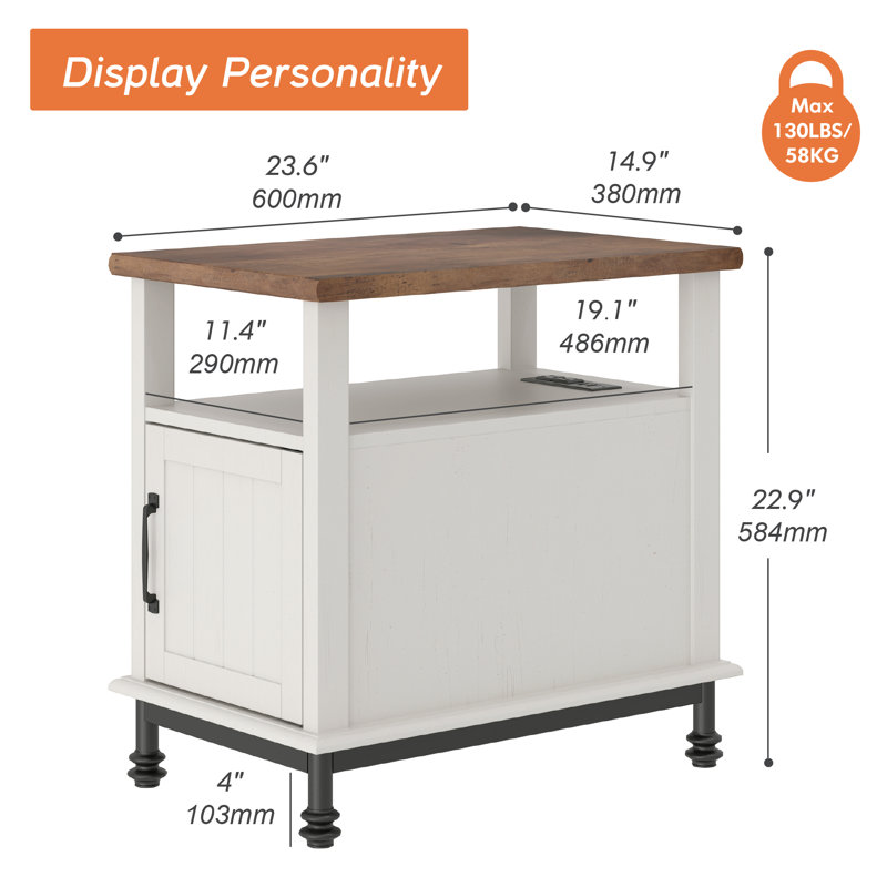 Table de chevet 2 pièces avec station de charge, table de bout avec tablette réglable Inness, Blanc