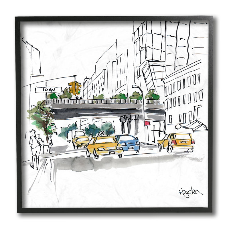 «City Taxi Underpass Urban Architecture Watercolor» par Mark Higden - impression d'art graphique, Giclée encadrée noir minuit