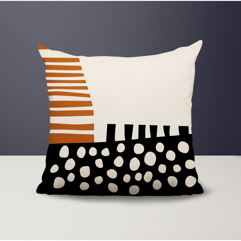 Oreiller carré réversible intérieur / extérieur Nea, H 15 po x l 15 po, Orange brûlé / noir / blanc cassé abstrait