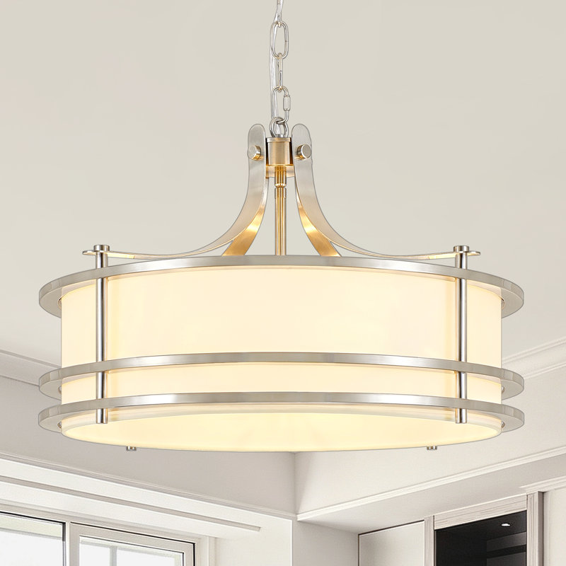 Lustre à tambour moderne de style ferme à 5 lumières en nickel brossé avec abat-jour en tissu blanc, suspension idéale pour salle à manger, îlot de cuisine ou hall d'entrée.
