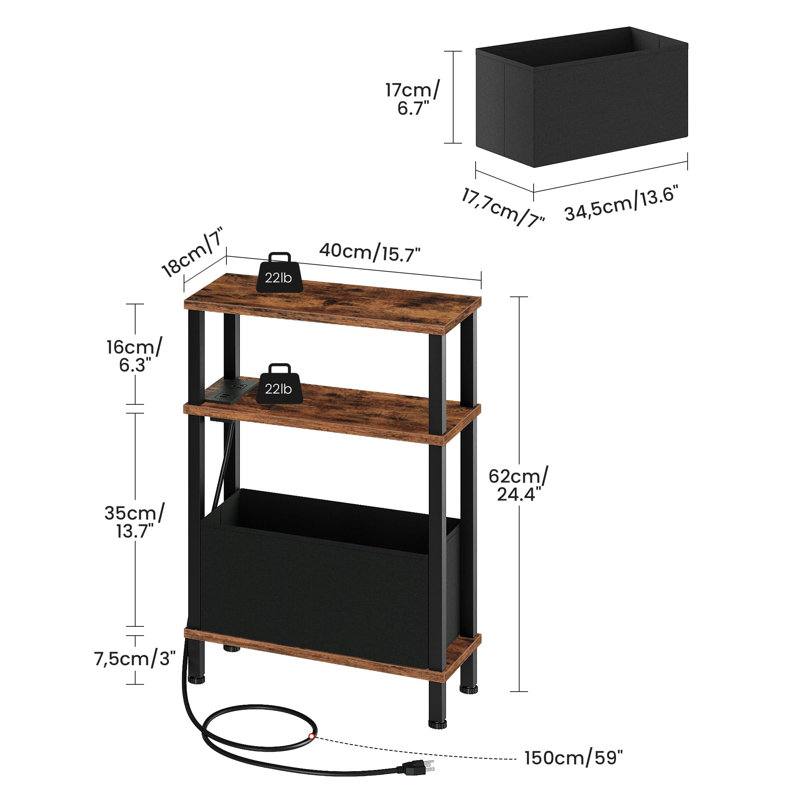 Petite table d'appoint étroite avec station de charge, Brun / Noir