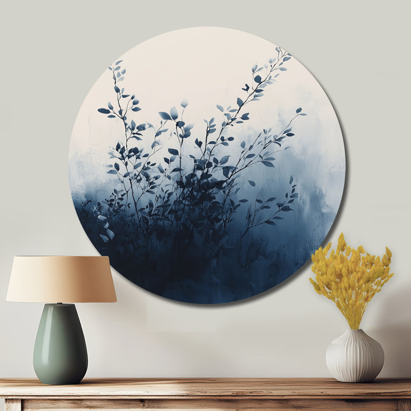 Minimalisme solitude des feuilles en monochrome I - impression d'art traditionnel bleu en métal, H 23 po x l 23 po