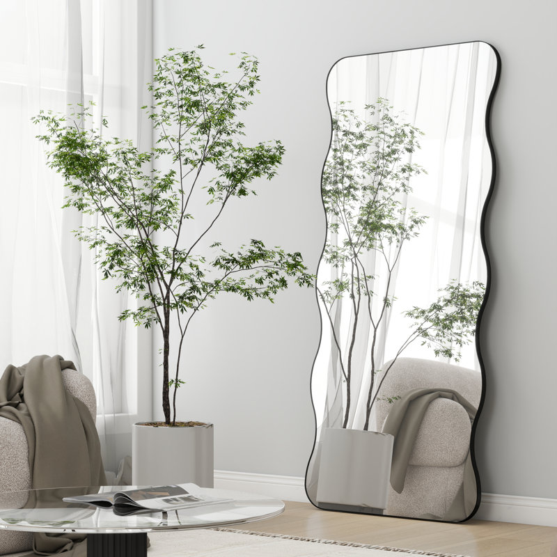 Shyfoy 80x180cm Full Length Mirror Metal Black Framed Flat Wavy Floor Mirror Free Standing