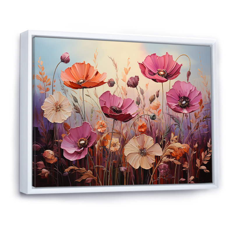 «Pink Crimson Flower Meadow Field» sur toile, H 34 po x l 44 po x P 1,5 po, Cadre flottant blanc