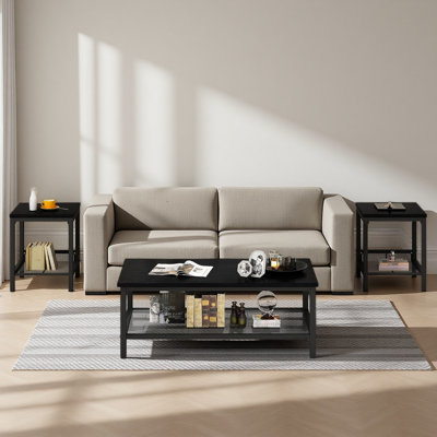 Table basse industrielle, ensemble de 3 tables basses avec 2 tables d'appoint carrées, table basse en faux marbre avec cadre en métal pour bureau personnel, noir