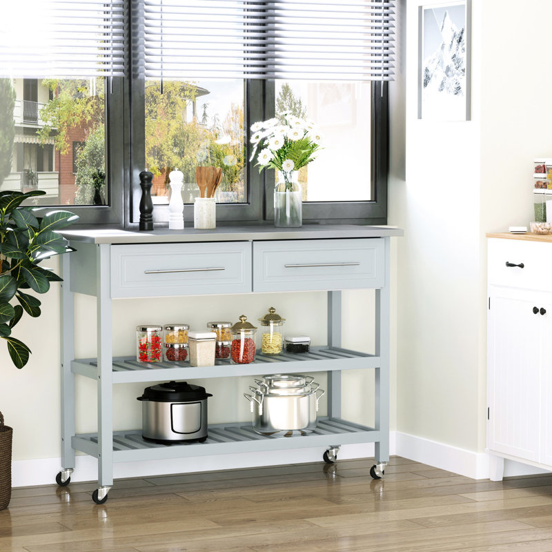 Kitchen Cart With Top, 2 Open Shelves, Drawers, Gray, Rustic Style For Home Island, Inspired Decor