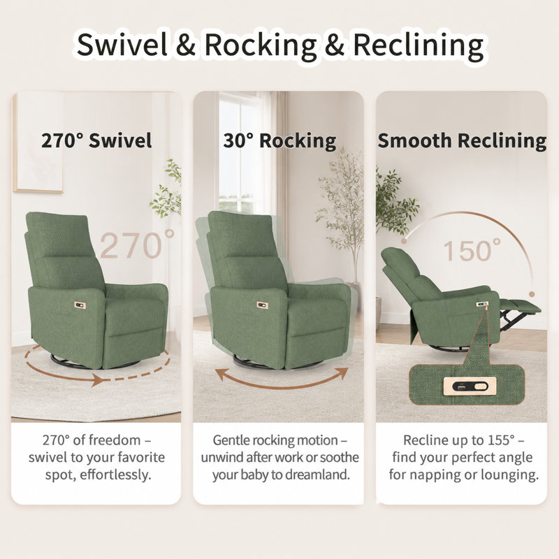 Fauteuil inclinable électrique berçant avec pivot à 270 °, port USB et contrôle latéral, Dark Green