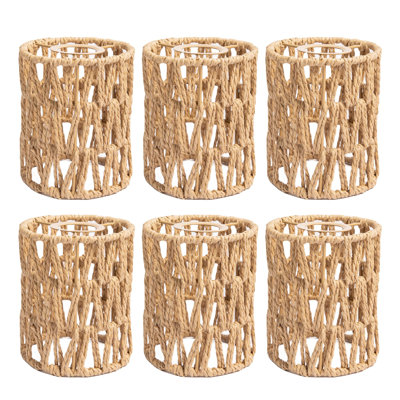 6 Pack Boho Small Chandelier Rattan Drum Lamp Shades, Woven Cylinder Lampshade