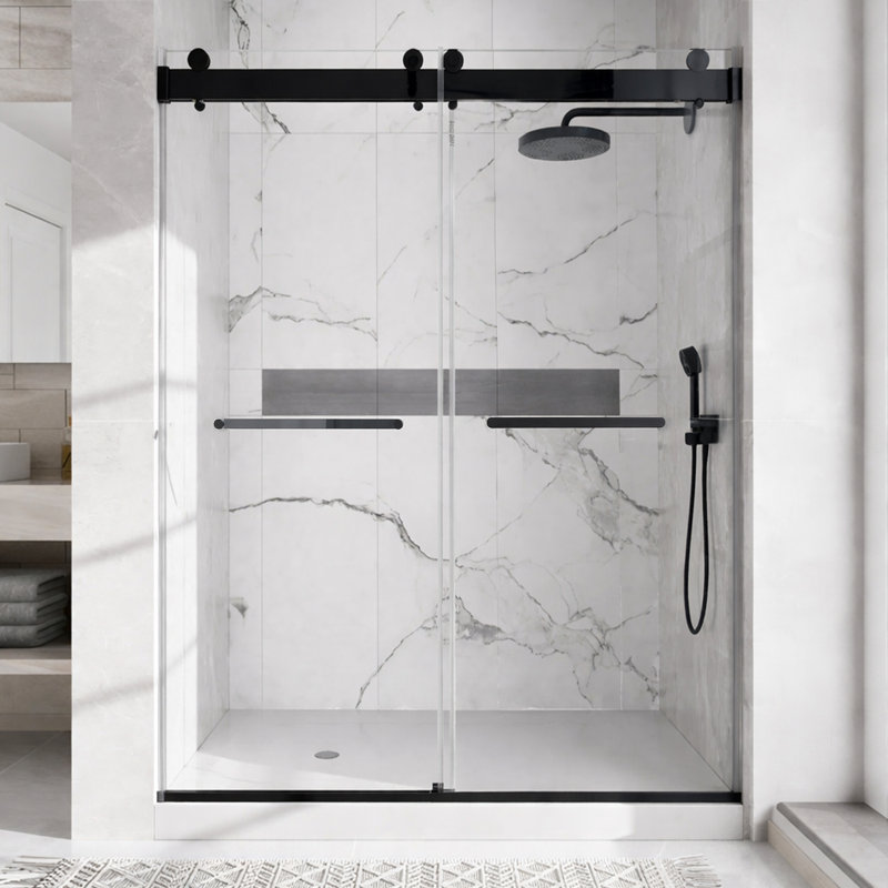 Porte de douche coulissante double sans cadre 48 po x 76 po, finition noir mat