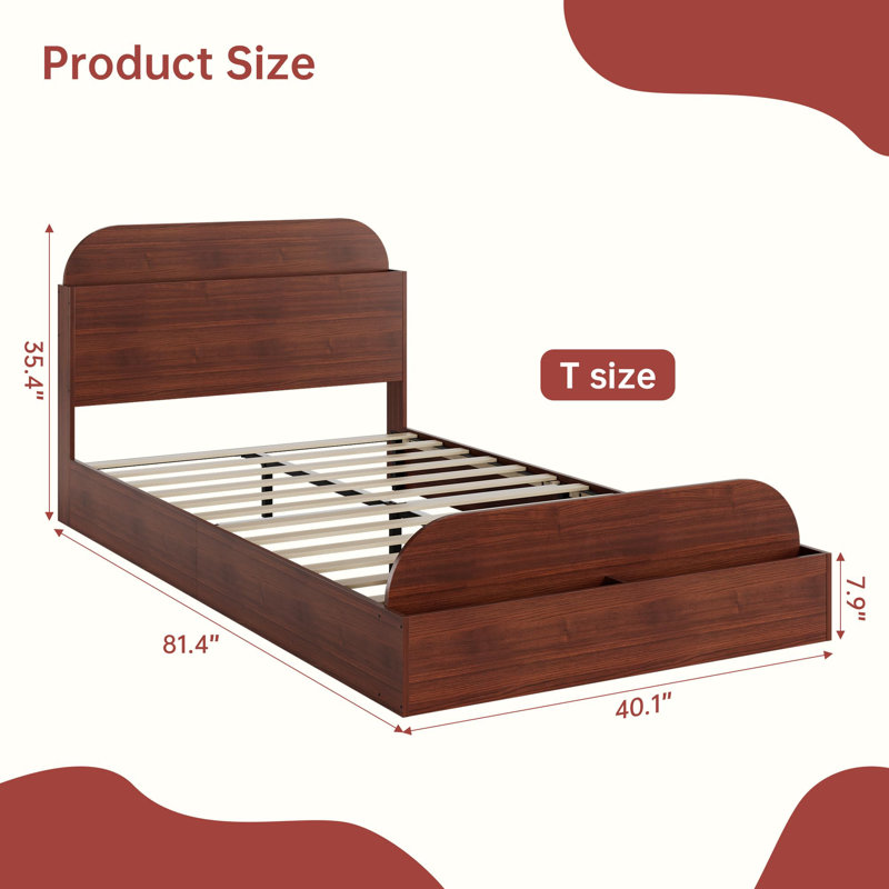 Base de lit en bois avec tête de lit avec rangement - Lit plateforme pour petit avec pied surélevé, lattes en bois robustes (aucun sommier requis), assemblage facile