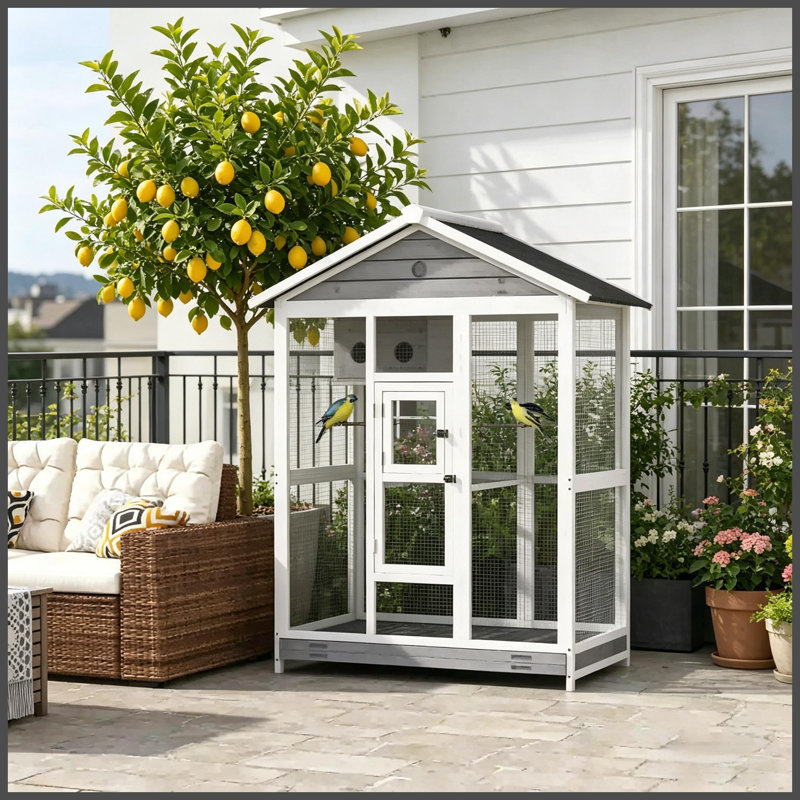 Volière en bois 64,5 po, cage de vol avec 4 perchoirs, nid et plateau coulissant