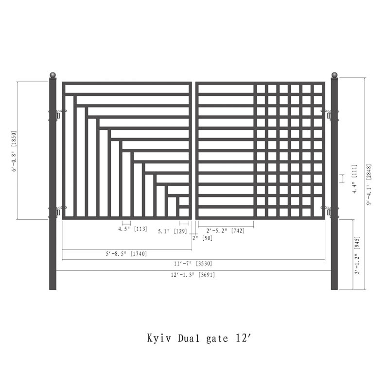 Kyiv Style Black Steel Dual Swing Driveway Gate 12 x 6 Feet